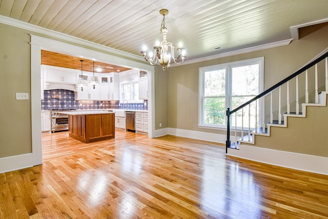 3635 Old Williamsport Rd, Williamsport, TN 38487 - kitchen featuring crown molding, decorative backsplash, an inviting chandelier, appliances with stainless steel finishes, and white cabinets