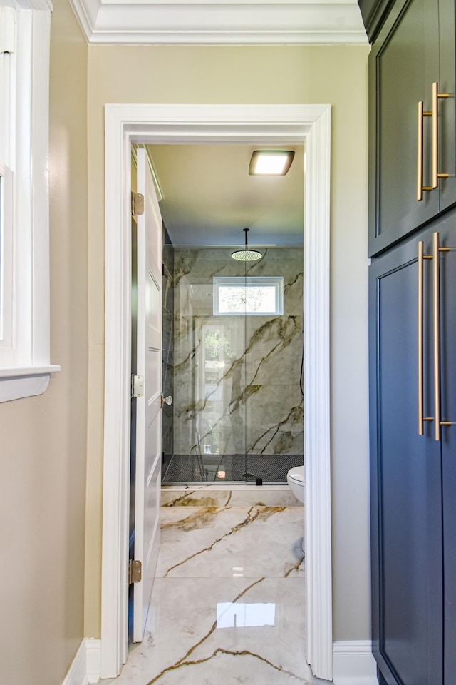 3635 Old Williamsport Rd, Williamsport, TN 38487 - full bathroom featuring marble finish floor, ornamental molding, a marble finish shower, and toilet