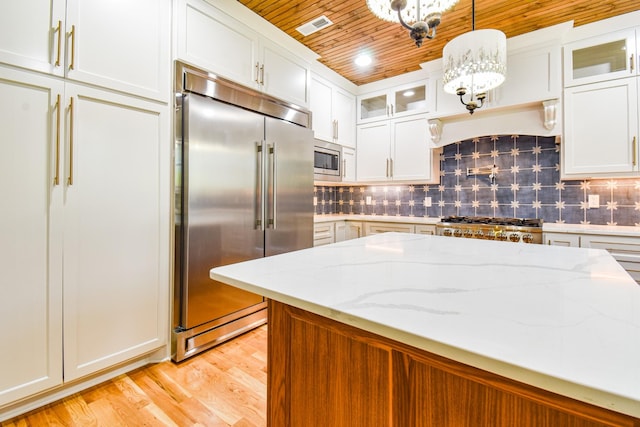 3635 Old Williamsport Rd, Williamsport, TN 38487 - kitchen with visible vents, backsplash, an inviting chandelier, built in appliances, and wooden ceiling