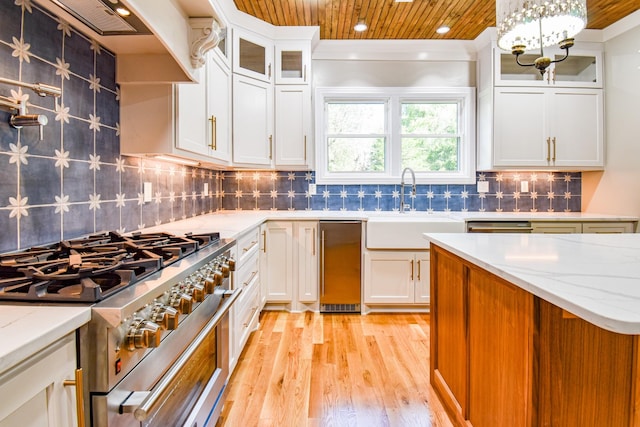 3635 Old Williamsport Rd, Williamsport, TN 38487 - kitchen with high end stainless steel range oven, wood ceiling, light stone counters, and a sink