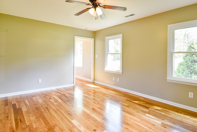 3635 Old Williamsport Rd, Williamsport, TN 38487 - spare room with light wood-type flooring, visible vents, ceiling fan, and baseboards