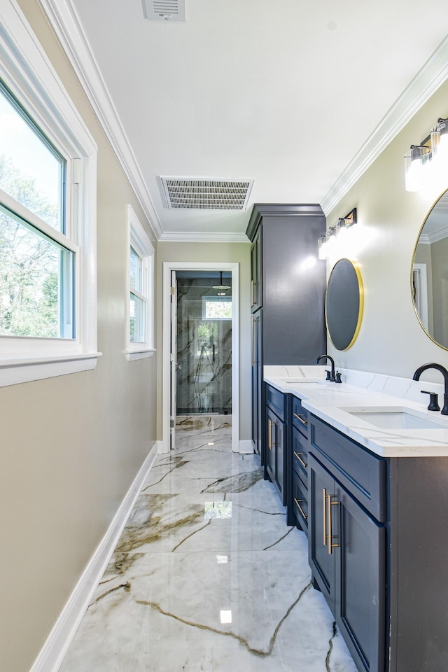 3635 Old Williamsport Rd, Williamsport, TN 38487 - full bathroom featuring a sink, visible vents, baseboards, marble finish floor, and crown molding
