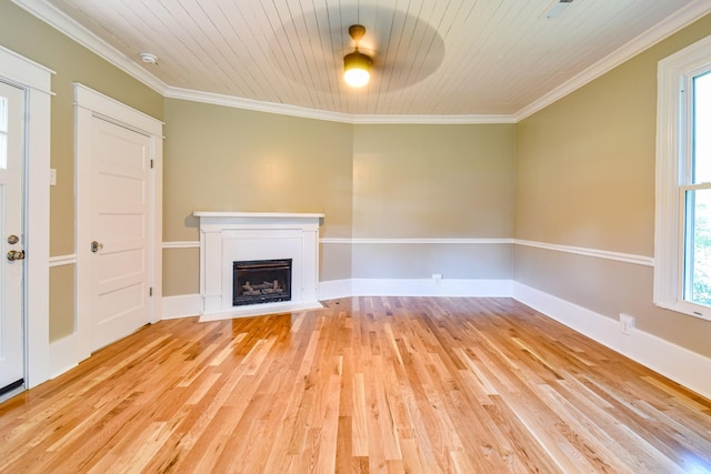 3635 Old Williamsport Rd, Williamsport, TN 38487 - unfurnished living room with wood ceiling, crown molding, a fireplace, and wood finished floors