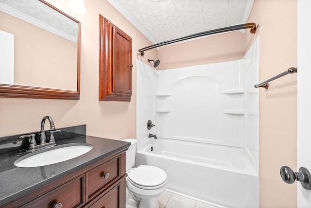 full bathroom featuring toilet, washtub / shower combination, and vanity