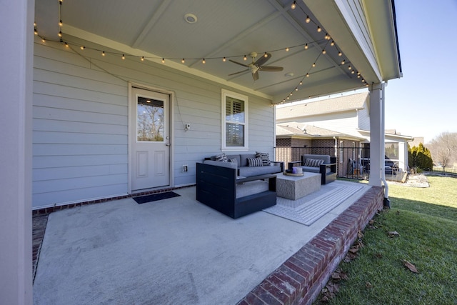 view of patio with an outdoor hangout area and a ceiling fan