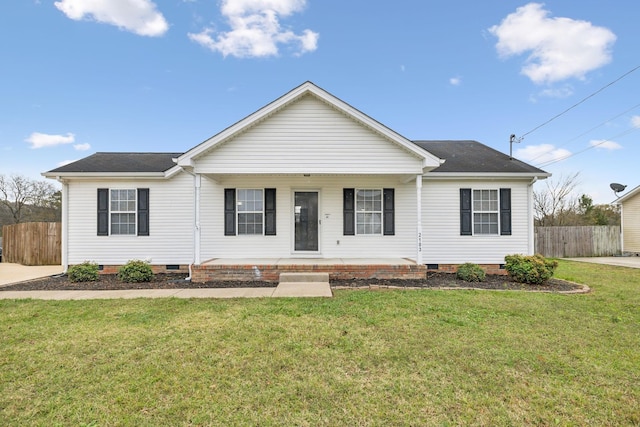 ranch-style house with crawl space, covered porch, fence, and a front lawn