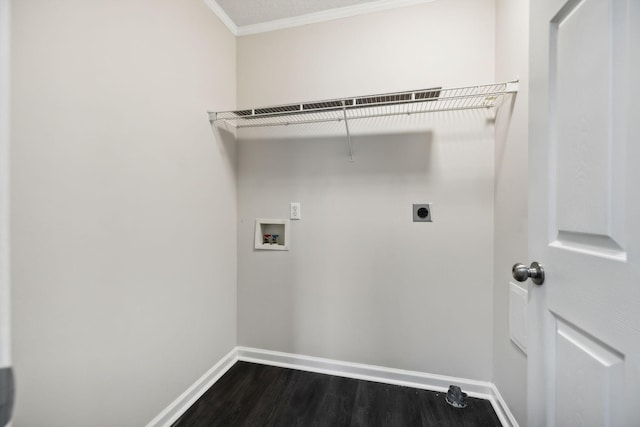 laundry area with hookup for a washing machine, laundry area, baseboards, dark wood finished floors, and electric dryer hookup