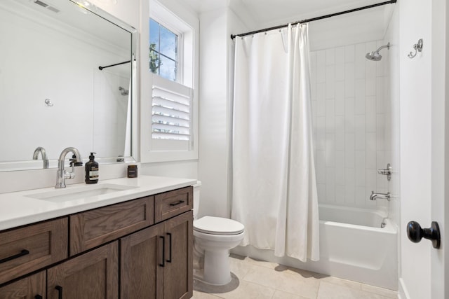 full bath with tile patterned flooring, toilet, visible vents, vanity, and shower / bathtub combination with curtain