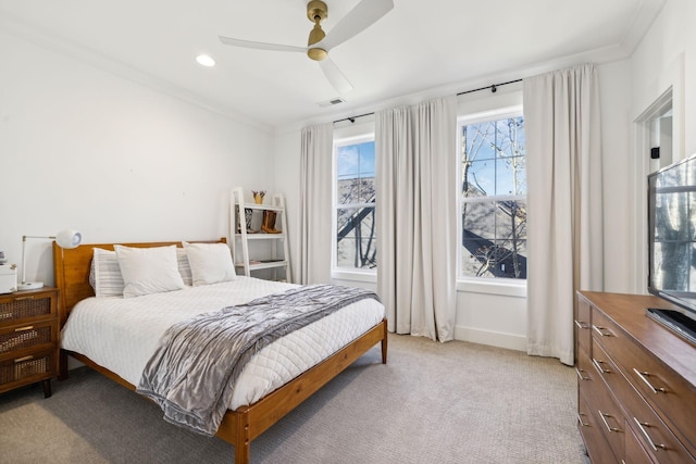 bedroom with recessed lighting, light colored carpet, visible vents, ceiling fan, and baseboards