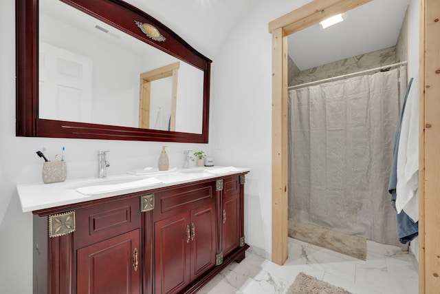 bathroom featuring curtained shower, a sink, visible vents, marble finish floor, and double vanity