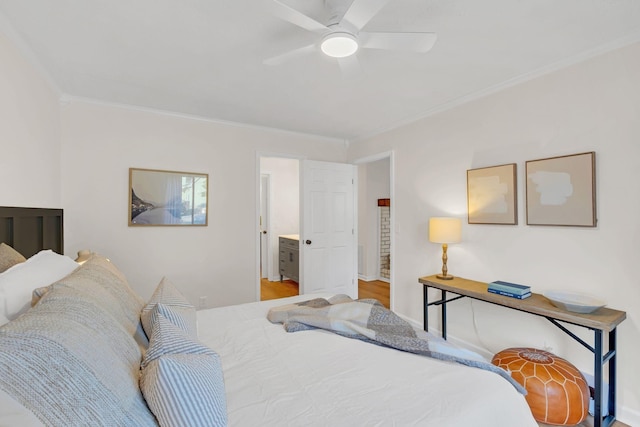 bedroom with a ceiling fan and crown molding