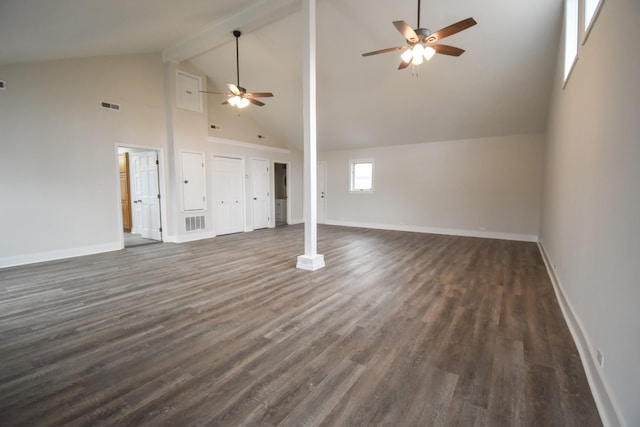 unfurnished living room featuring a ceiling fan, baseboards, visible vents, and dark wood-type flooring