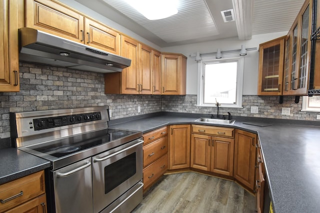 kitchen featuring electric stove, dark countertops, a sink, and under cabinet range hood