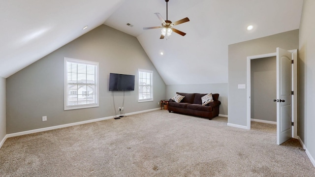 bonus room featuring visible vents, baseboards, a ceiling fan, lofted ceiling, and carpet