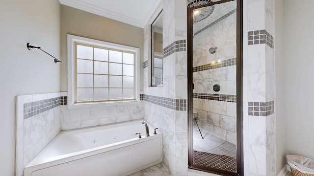 full bathroom with a garden tub, marble finish floor, a shower stall, and crown molding