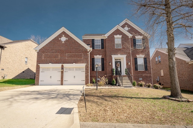 view of front of property with brick siding, concrete driveway, crawl space, a garage, and a front lawn