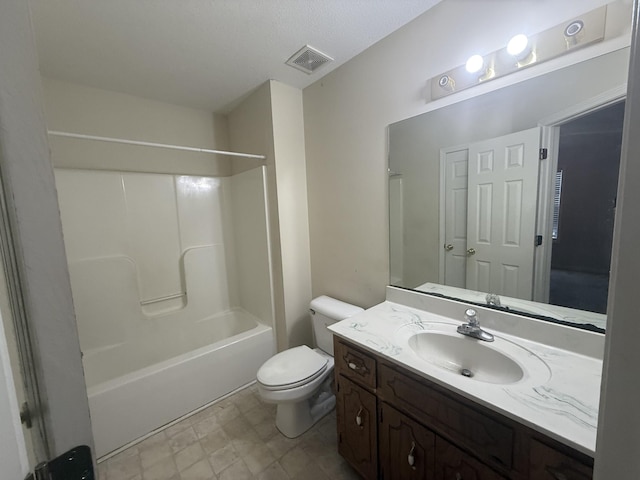 bathroom with bathtub / shower combination, visible vents, vanity, and toilet