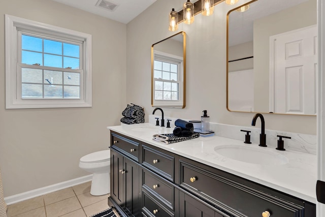 full bath featuring toilet, visible vents, a sink, and tile patterned floors