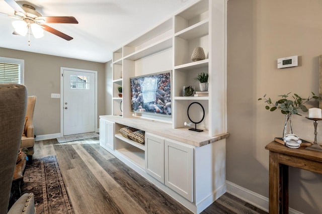 foyer entrance with ceiling fan, baseboards, and dark wood finished floors