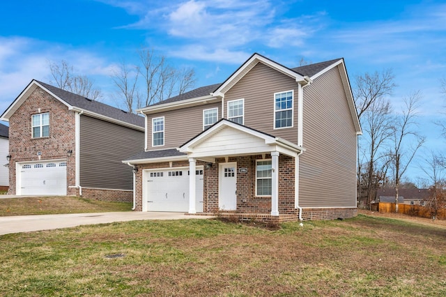 traditional-style home featuring driveway, brick siding, an attached garage, and a front yard