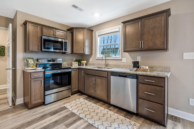 kitchen featuring visible vents, appliances with stainless steel finishes, light stone countertops, light wood-type flooring, and a sink