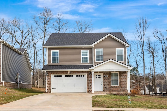 traditional-style home featuring a garage, roof with shingles, concrete driveway, and brick siding