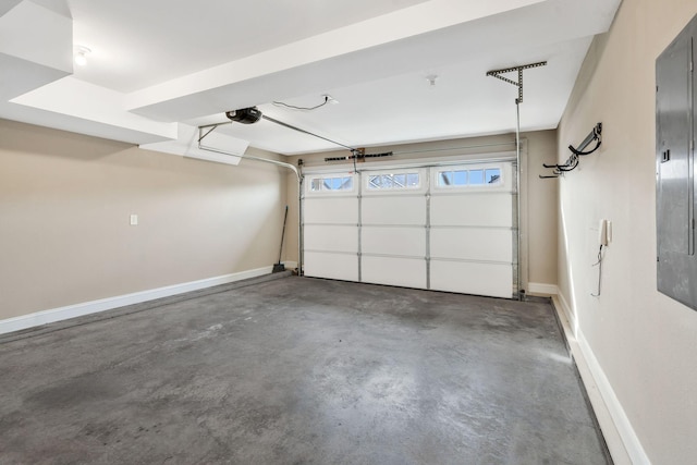 garage with electric panel, baseboards, and a garage door opener