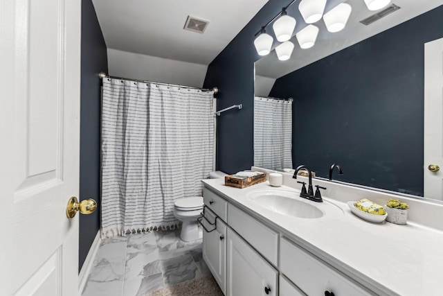 full bath with toilet, marble finish floor, vanity, and visible vents