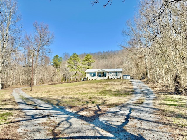 view of road with driveway and a wooded view