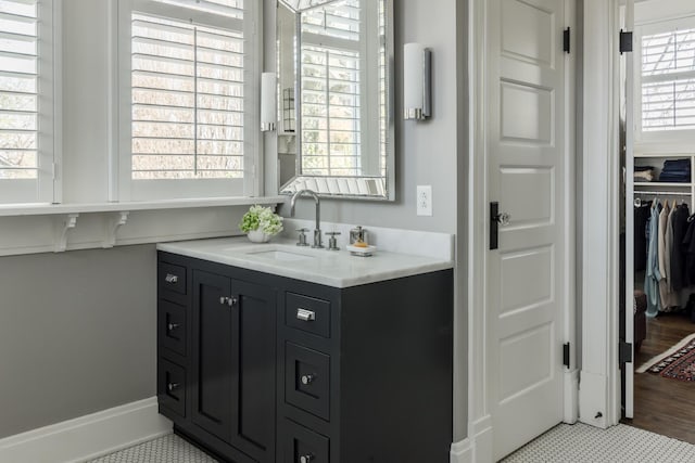 bathroom with a walk in closet and vanity