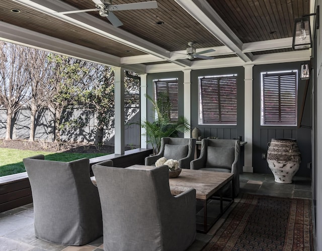 view of patio / terrace with ceiling fan and fence