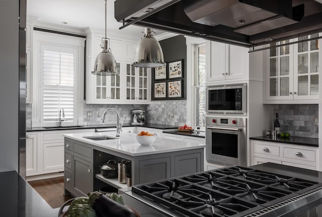 kitchen with stainless steel appliances, white cabinets, a sink, and ventilation hood