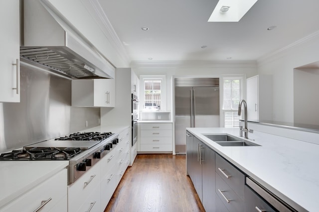 kitchen with stainless steel appliances, crown molding, a sink, and wall chimney range hood