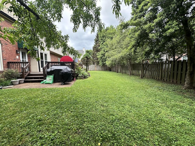 view of yard with a fenced backyard and a wooden deck