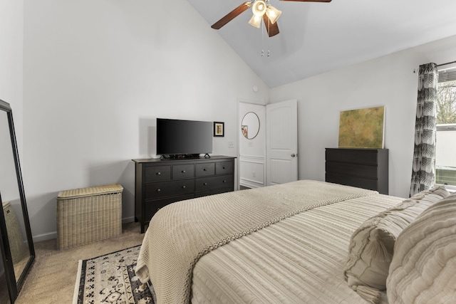 bedroom featuring carpet floors, baseboards, high vaulted ceiling, and a ceiling fan