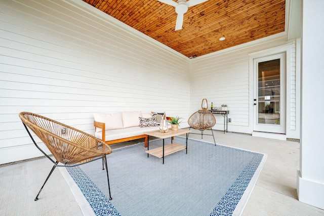 view of patio featuring ceiling fan and an outdoor living space