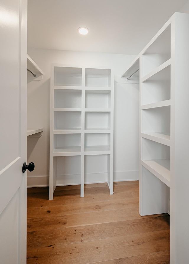 walk in closet with light wood-style floors