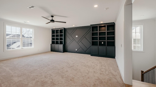 unfurnished living room featuring baseboards, visible vents, a ceiling fan, carpet floors, and recessed lighting