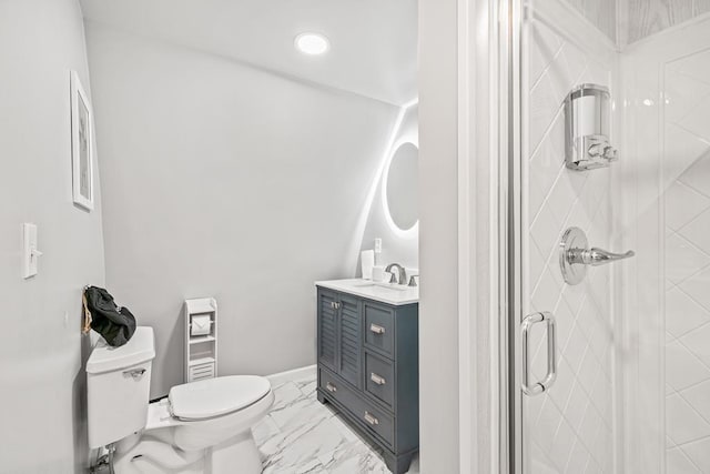 full bath featuring a stall shower, baseboards, toilet, marble finish floor, and vanity