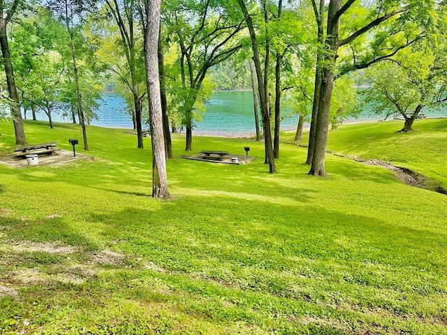 view of community featuring a water view and a lawn