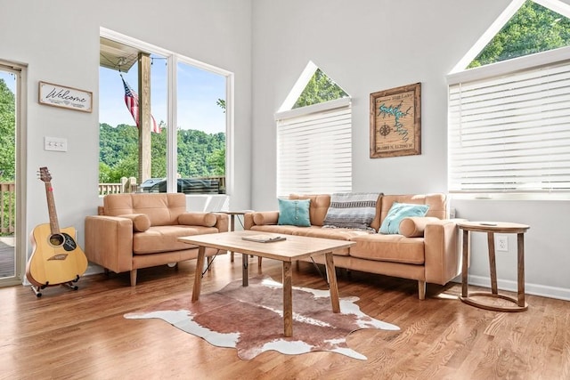 sitting room featuring a high ceiling, wood finished floors, and baseboards