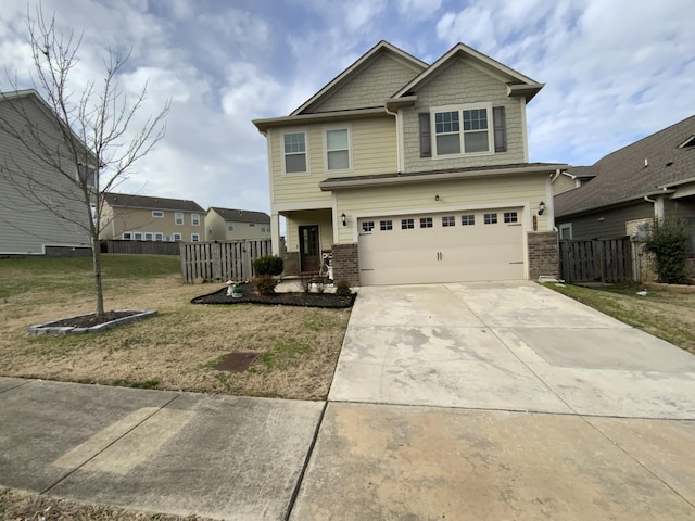 craftsman-style house with an attached garage, brick siding, fence, concrete driveway, and a front yard