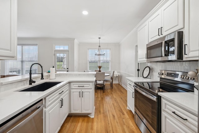 kitchen with appliances with stainless steel finishes, light countertops, a sink, and ornamental molding