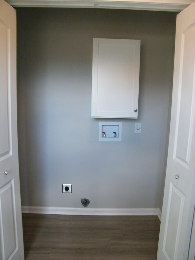 laundry room with hookup for a washing machine, hookup for an electric dryer, laundry area, dark wood-style flooring, and baseboards