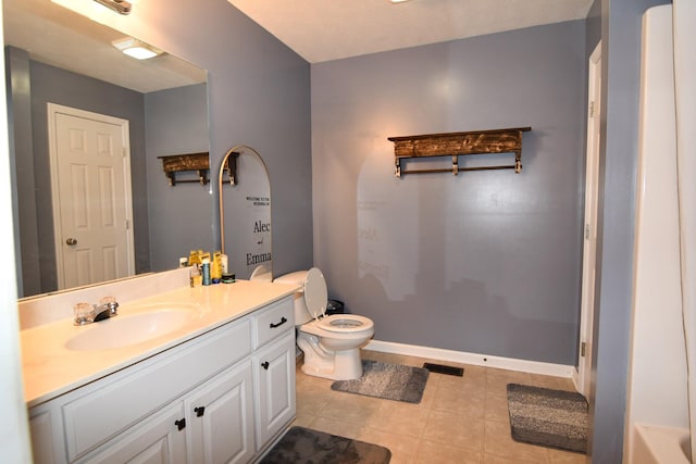 full bath with tile patterned flooring, toilet, visible vents, vanity, and baseboards