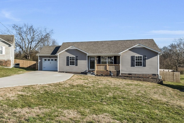 ranch-style home featuring a front yard, crawl space, fence, a garage, and driveway