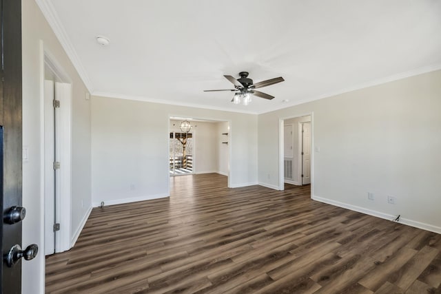 unfurnished room with dark wood-type flooring, crown molding, baseboards, and ceiling fan with notable chandelier