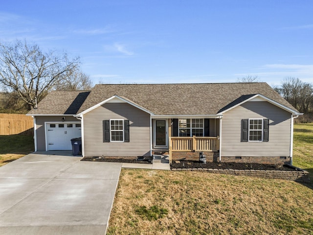 ranch-style home with a front yard, crawl space, covered porch, and driveway