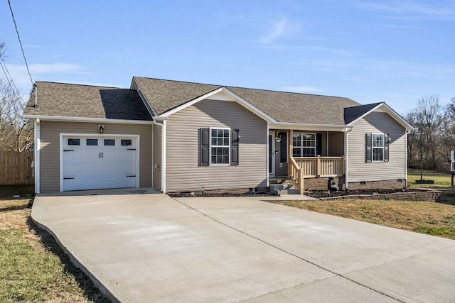 ranch-style house featuring driveway, a garage, roof with shingles, crawl space, and covered porch