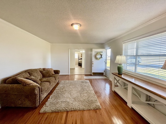 living room with crown molding, a textured ceiling, baseboards, and wood finished floors